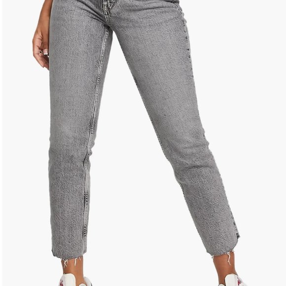 Topshop High Waist Raw Hem Straight Leg Jeans in Grey 27 - Picture 2 of 7